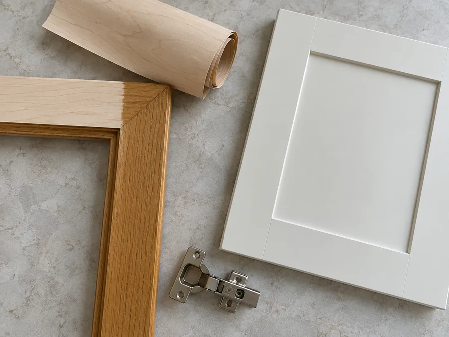 A cabinet face frame corner half covered in new wood veneer, a rolled veneer sheet, a new shaker door and a hinge