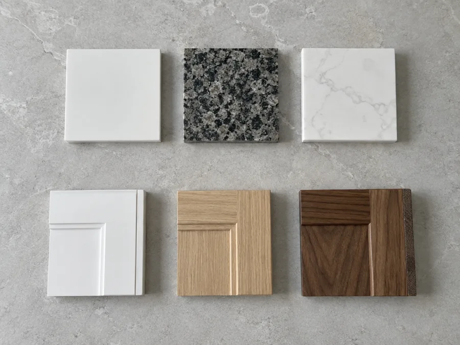 Countertop samples in laminate, granite and quartz beside thermofoil, wood veneer and solid wood cabinet door samples