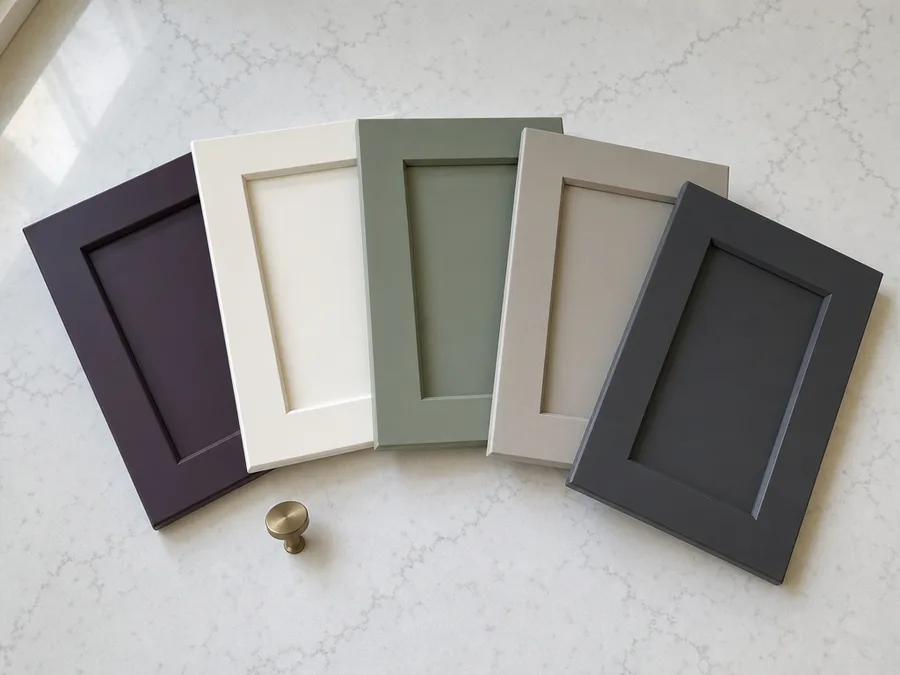 Five painted shaker cabinet door samples fanned out on a white quartz counter beside a brass knob